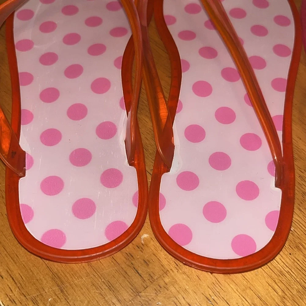 Girls Flip Flops size 1-2 Pink Black White Polka Dot Gem Flower Accent 2 Pair